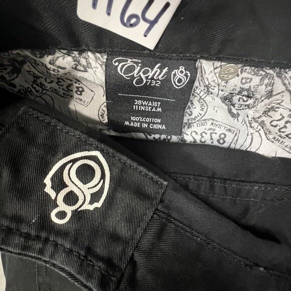 Eight 732 Shorts Men Sz 38 Black Denim Embroidered Leg Hip Hop Baggy Jeans - Picture 8 of 9